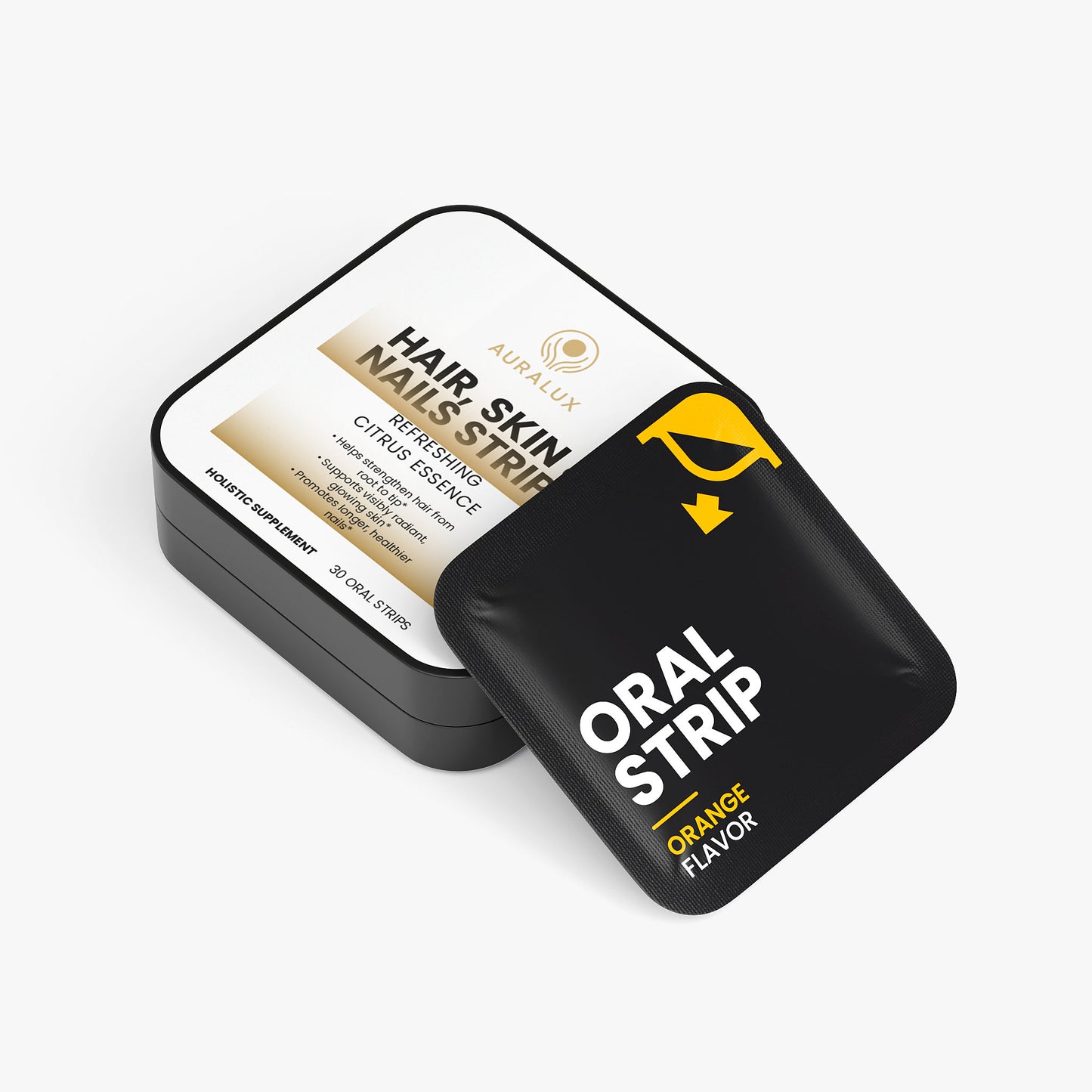 AuraLux Hair, Skin & Nails Strips– Biotin + Vitamin D3 + Folate | Citrus Oral Beauty Supplement (30 Strips)