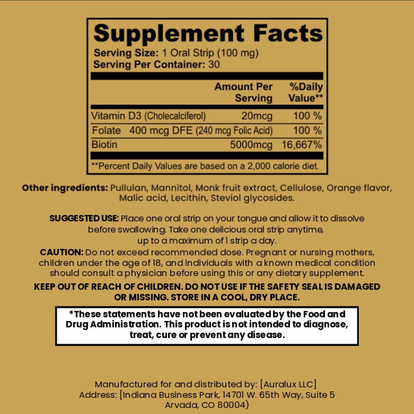 AuraLux Hair, Skin & Nails Strips– Biotin + Vitamin D3 + Folate | Citrus Oral Beauty Supplement (30 Strips)