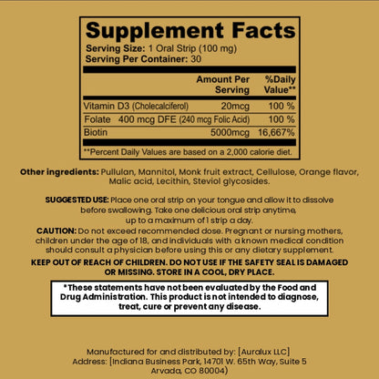 AuraLux Hair, Skin & Nails Strips– Biotin + Vitamin D3 + Folate | Citrus Oral Beauty Supplement (30 Strips)